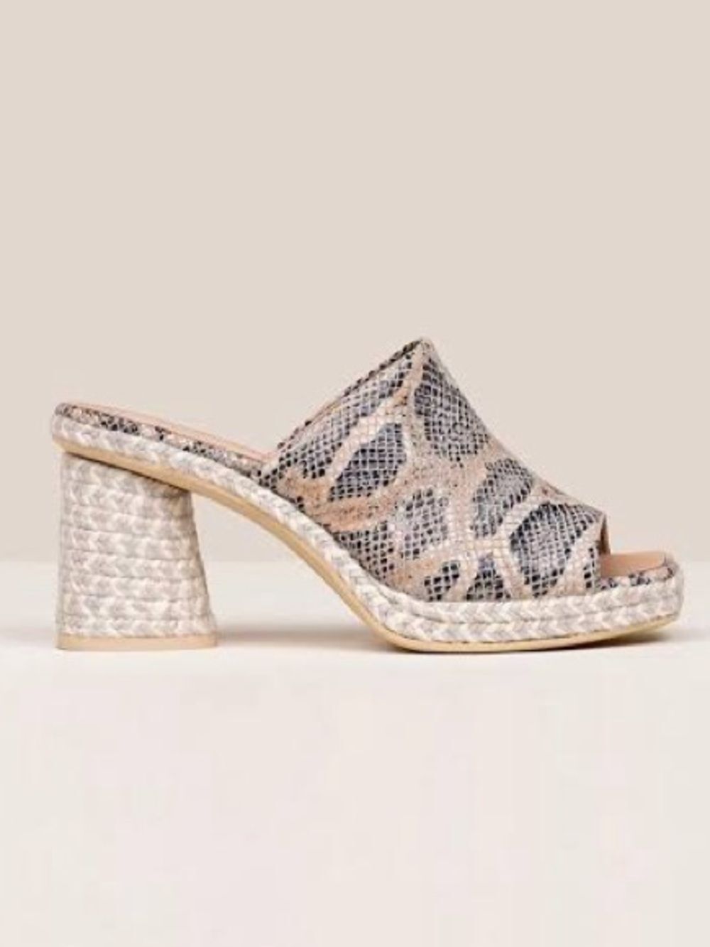 Eric Michael Snake-Print Beige and Black Platform Espadrille Mule Heel S 37